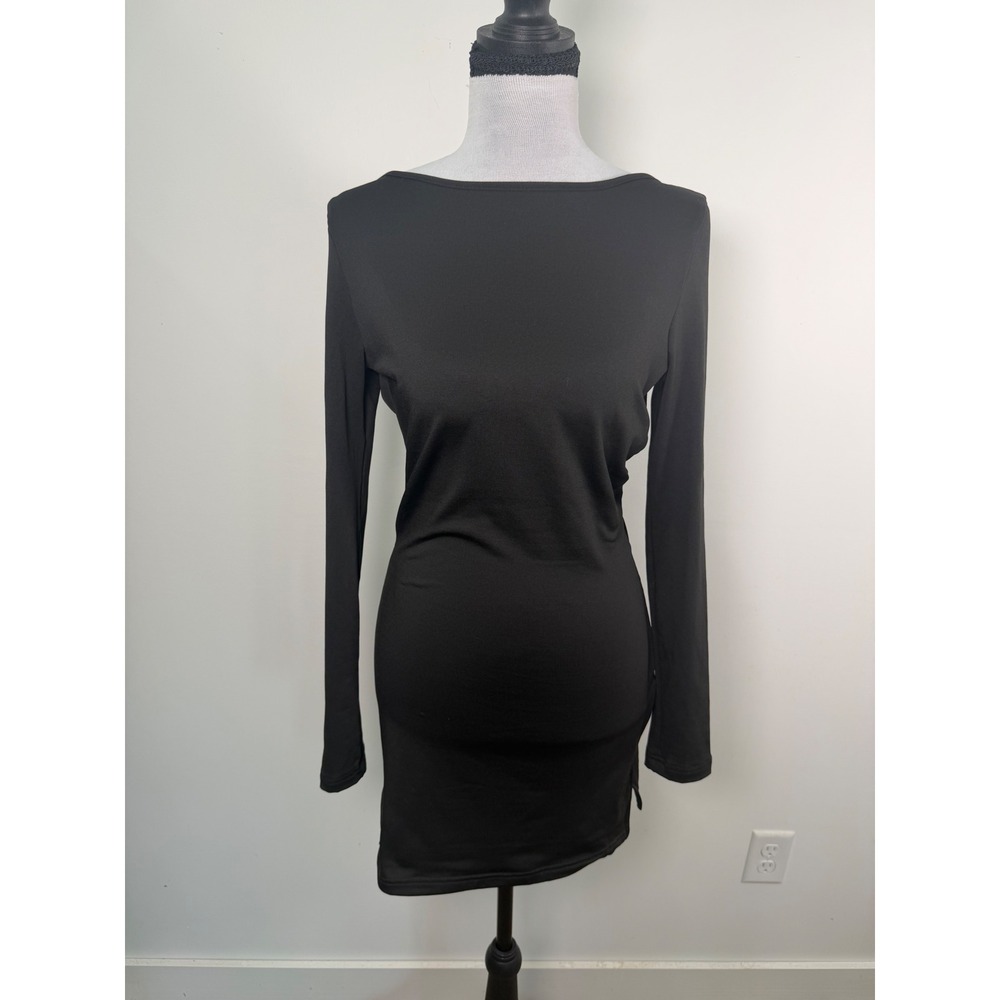Black Long Sleeve Open Back Tie Mini Dress Bodycon Asymmetrical‎ Hem